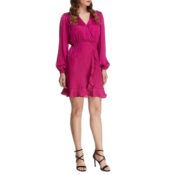 Michael Kors Deep Fuchsia‎ Dress Ruffle Trim Long Sleeve Wrap S - Picture 1 of 6